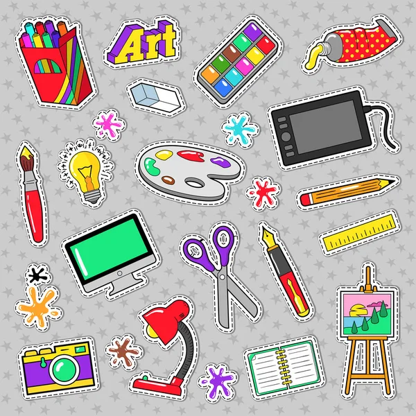 Placas de creatividad artística, pegatinas, parches con pinturas y herramientas de diseño. Vector Doodle — Archivo Imágenes Vectoriales