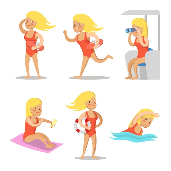 Salvavidas chica de dibujos animados conjunto de caracteres. Mujer con Lifebuoy. Ilustración vectorial — Archivo Imágenes Vectoriales