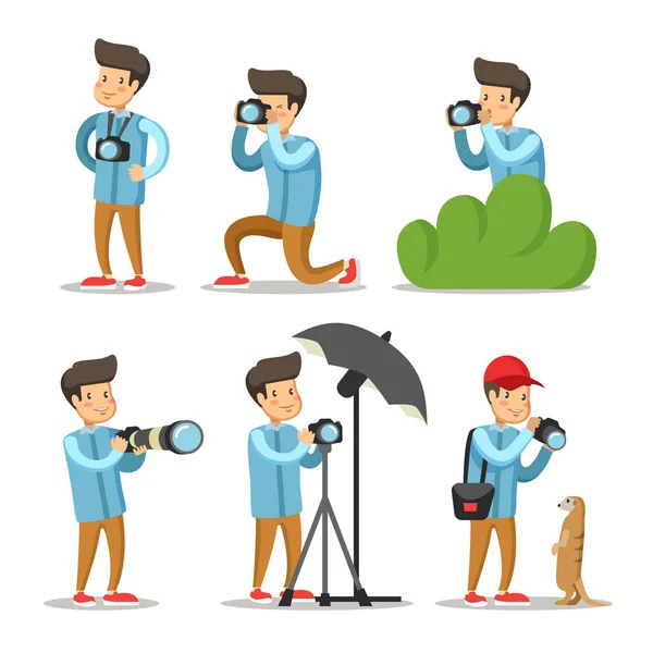 Photographer Cartoon Character Set (em inglês). Homem com câmara fotográfica. Ilustração vetorial —  Vetores de Stock
