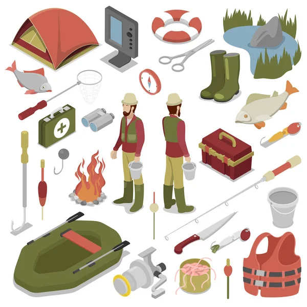Fisherman with Fish, Rod, Hook and Boat. Fishing Tools. Vector flat 3d isometric illustration — Stock Vector