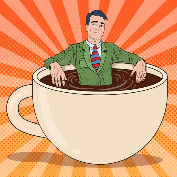 Поп-арт щасливі бізнесмен розслаблюючій в чашку кави. Робота перерву. Векторні ілюстрації — стоковий вектор