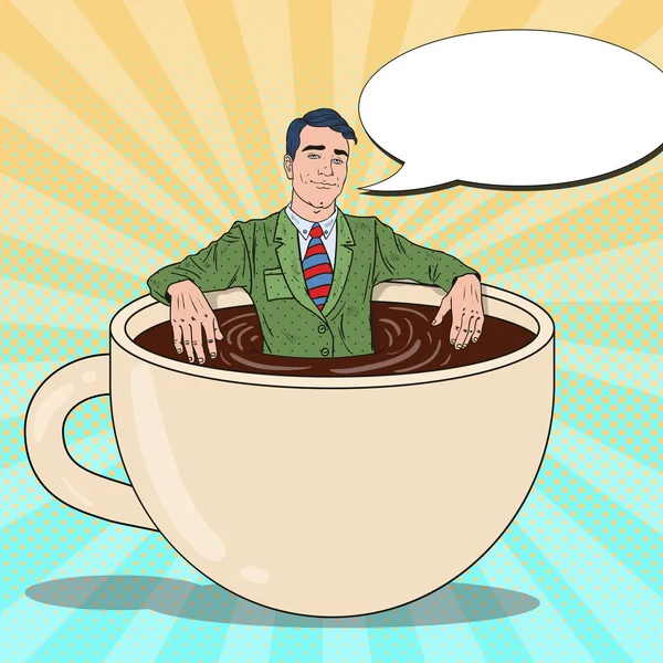 Pop Art Smiling Businessman Relaxing in Coffee Cup. Work Break. Vector illustration — Stock Vector