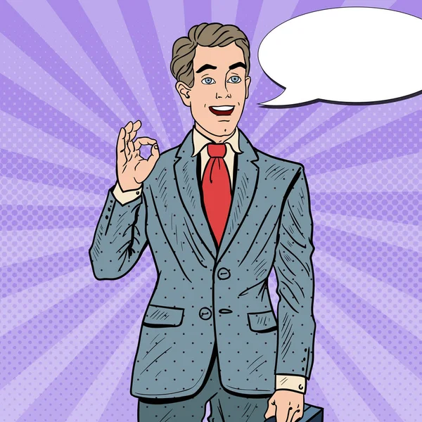 Pop Art Empresario exitoso Gesturing OK with Comic Speech Bubble (en inglés). Éxito empresarial. Ilustración vectorial — Archivo Imágenes Vectoriales