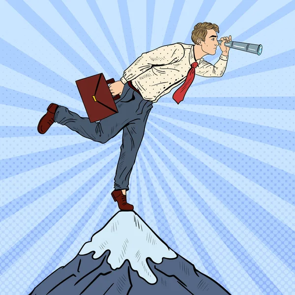 Uomo d'affari di Pop Art con telescopio sulla cima della montagna. Visione aziendale. Illustrazione vettoriale — Vettoriale Stock