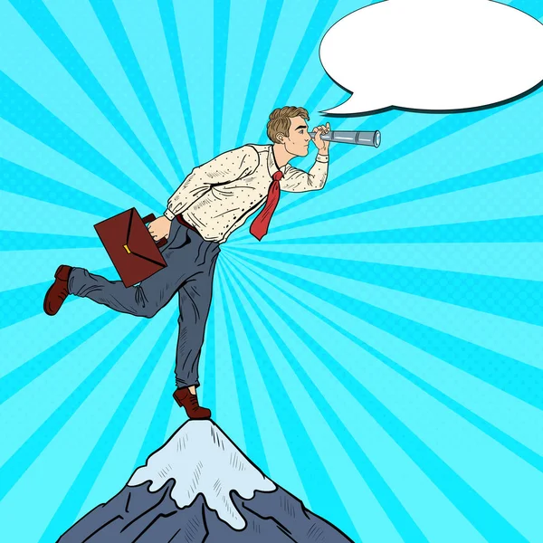 Бизнесмен поп-арта со Спайглассом на вершине горы. Бизнес Видение. Векторная иллюстрация — стоковый вектор
