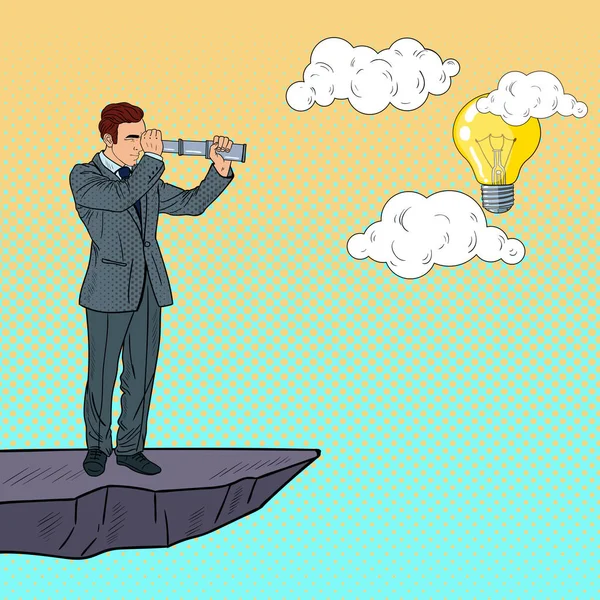 Pop Art Homme d'affaires avec télescope au sommet de la montagne à la recherche d'idées. Innovation des entreprises. Illustration vectorielle — Image vectorielle