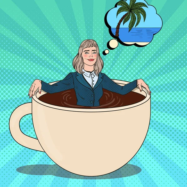 Pop Art Business Woman Relaxing in Coffee Cup and Dreaming about Tropical Vacation. Work Break. Vector illustration — Stock Vector