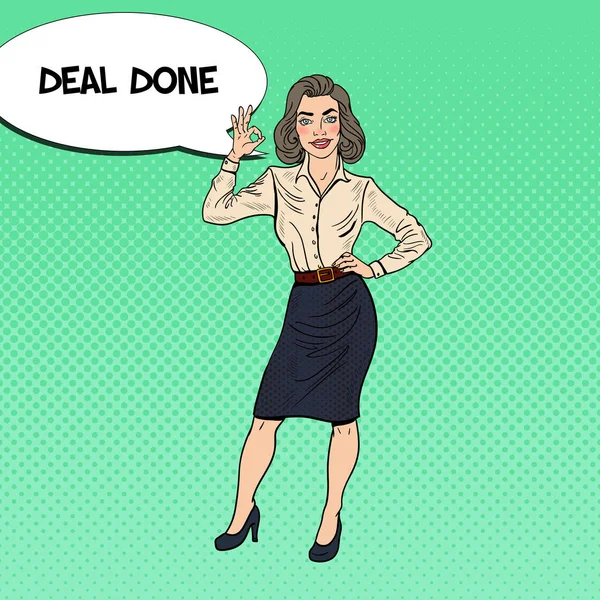 Pop Art Happy Business Woman Gesturing OK. Illustration vectorielle — Image vectorielle