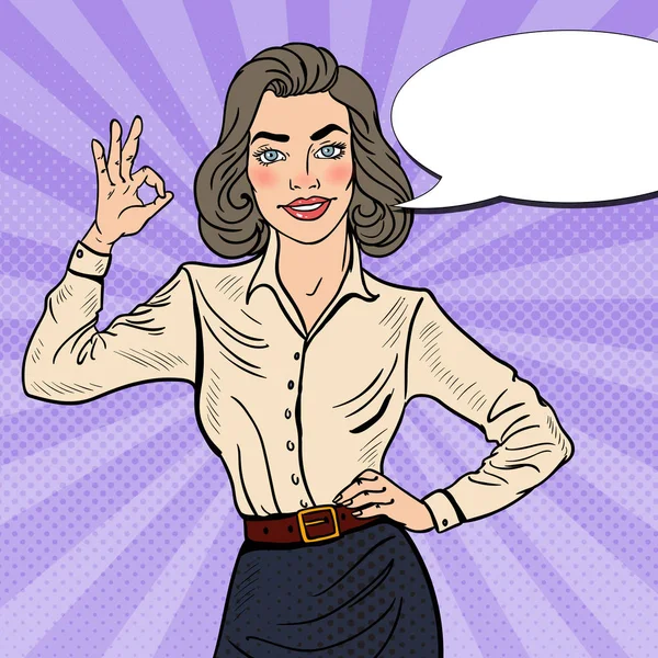 Pop Art Femme d'affaires prospère Gesturing OK. Illustration vectorielle — Image vectorielle