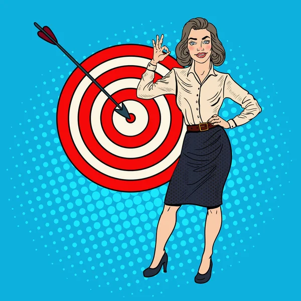 Pop Art Successful Businesswoman Achieved the Target. Business Success. Vector illustration — Stock Vector
