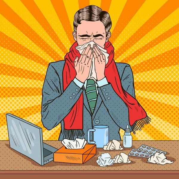 Popart zakenman niezen op het werk. Man blaast zijn neus. Vectorillustratie — Stockvector