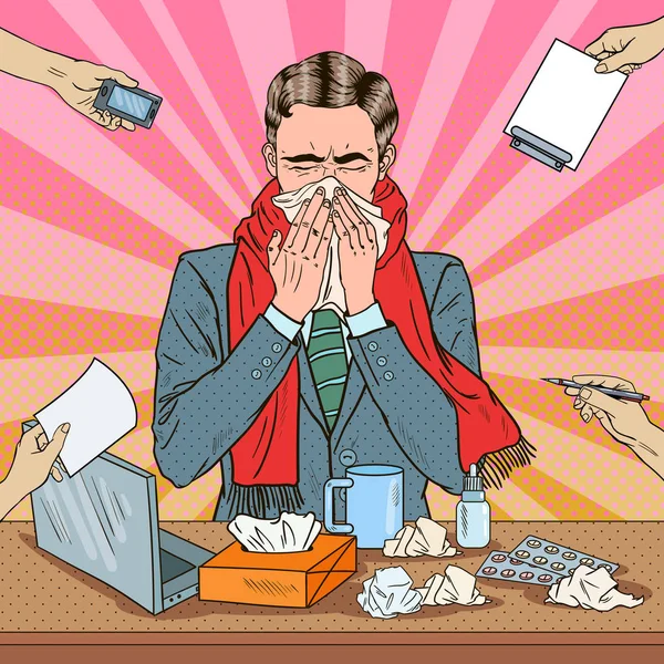 Pop-Art-Geschäftsmann niest bei Büroarbeit mit vielen Aufgaben. Mann mit Grippe. Vektorillustration — Stockvektor