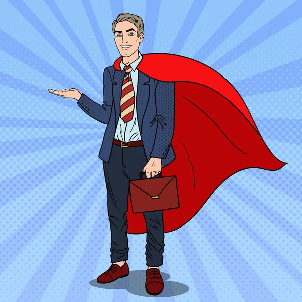 Pop Art Super Businessman in Red Cape Pointing on Copy Space. Бизнес-презентация. Векторная иллюстрация — стоковый вектор