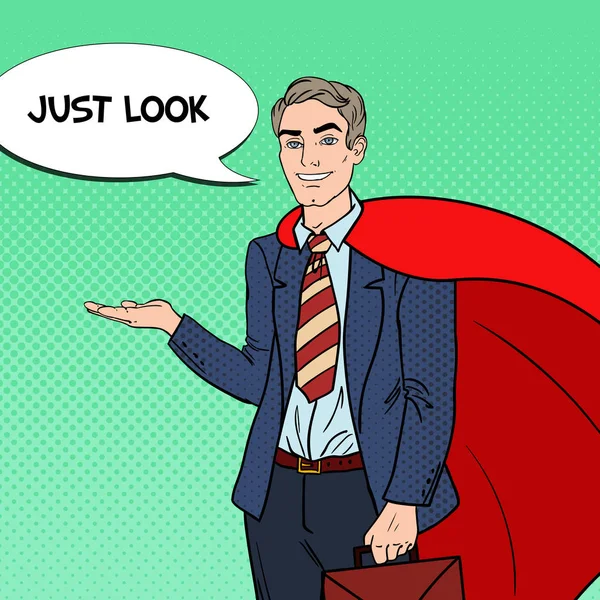 Поп-арт Happy Super Businessman in Red Cape Pointing on Copy Space. Бизнес-презентация. Векторная иллюстрация — стоковый вектор