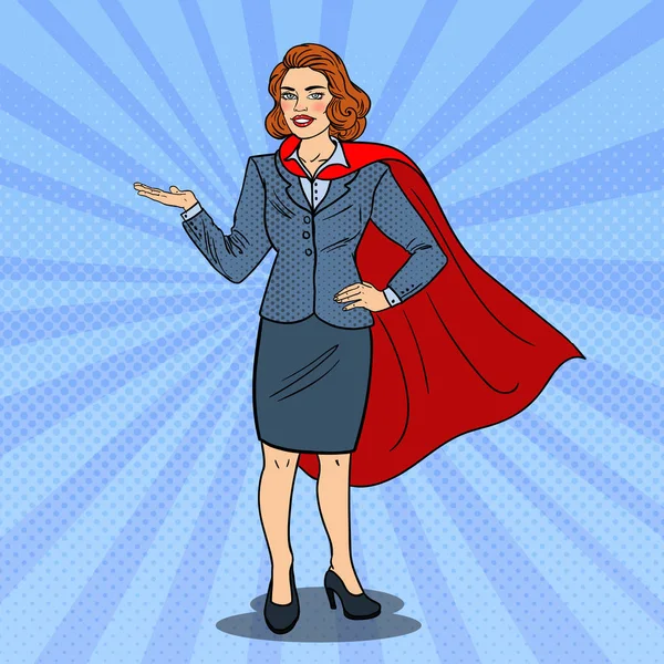 Pop Art Super Business Woman in Red Cape Pointing on Copy Space. Presentation. Vector illustration — Stock Vector