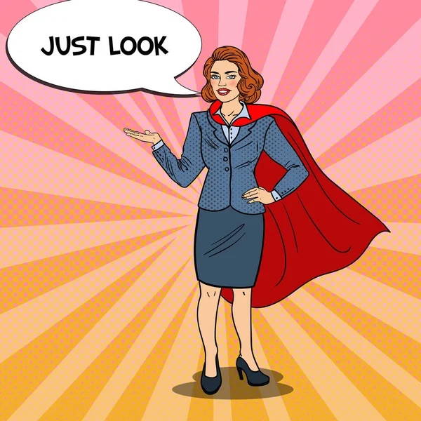 Pop Art Smiling Super Business Woman in Red Cape Pointing on Copy Space. Prezentare. Ilustrație vectorială — Vector de stoc