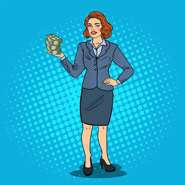Pop-Art glückliche Geschäftsfrau mit einem Stapel Geld. Geschäftserfolg. Vektorillustration — Stockvektor