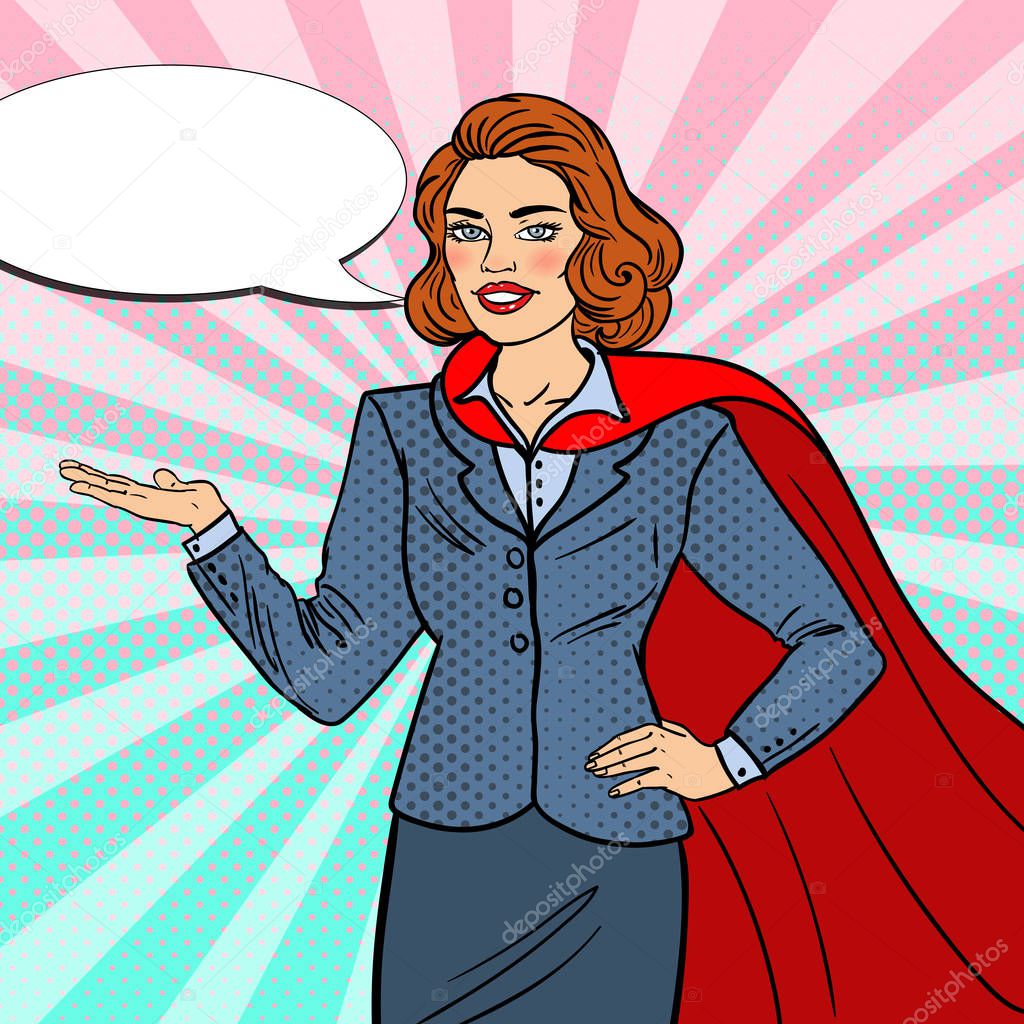 Pop Art Super Businesswoman in Red Cape Pointing on Copy Space. Presentation. Vector illustration
