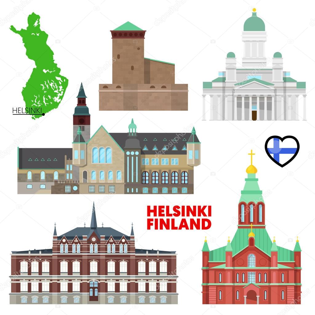 Helsinki Travel Set with Architecture. Visit Finland. Vector illustration