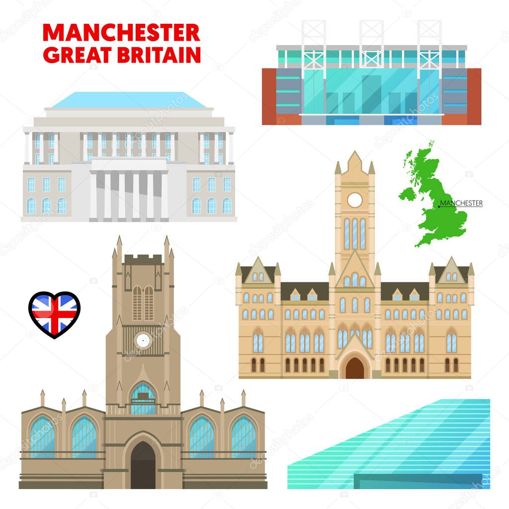 Manchester Travel Set with Architecture. Visit Great Britain. Vector illustration