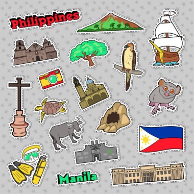 Parmak izi, çıkartmalar ve rozetleri için Filipinler seyahat seti mimarisi ve hayvanlar. Vektör doodle