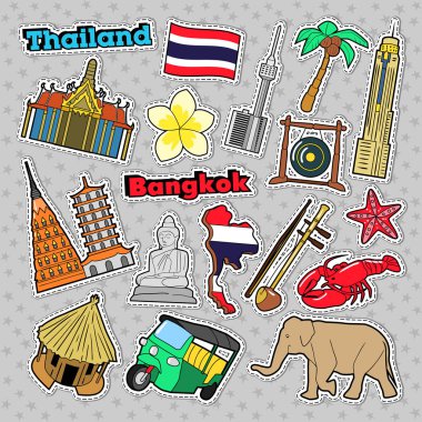 Tayland seyahat öğeler mimarisi rozetleri, çıkartmalar, parmak izi ile. Vektör Doodle