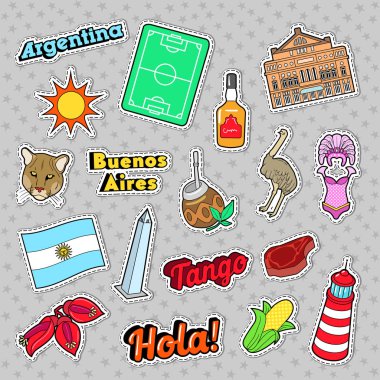 Arjantin seyahat öğeler mimarisi ve futbol. Vektör Doodle