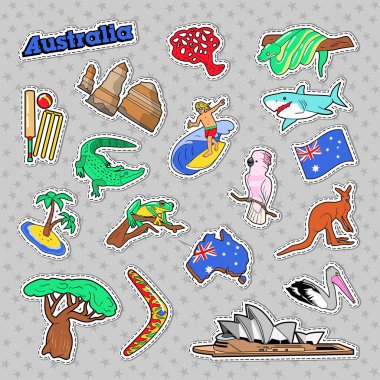 Avustralya seyahat öğeler mimarisi ve hayvanlar. Vektör Doodle
