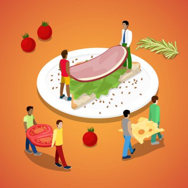 Minyatür kişi jambon ve peynirli sandviç yapma. Sağlıklı gıda. Vektör düz 3d izometrik çizimde