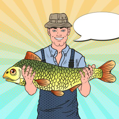 Balıkçı büyük balık ile gülümseyen sanat pop. İyi yakaladın. Vektör çizim