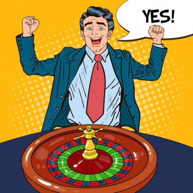 Büyük zafer kutluyor rulet masasının arkasındaki mutlu adam. Casino kumar. Retro Pop Art vektör çizim