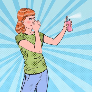 Pop Art Young Woman Spraying Can of Air Freshener. Vector illustration clipart