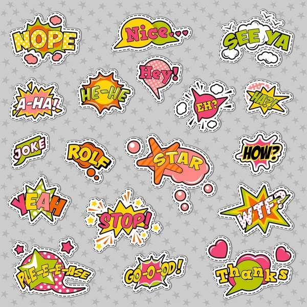 Fashion Badges, Patches, Stickers in Pop Art Comic Speech Bubbles Set with Halftone Dotted Cool Shapes. Vector Retro Background — Stock Vector