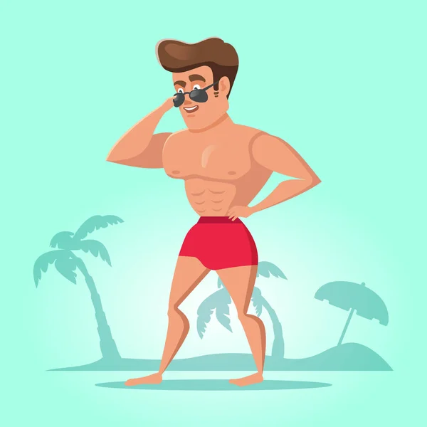 Bodybuilder Cartoon Posando na praia. Estilo de vida saudável. Ilustração vetorial — Vetor de Stock