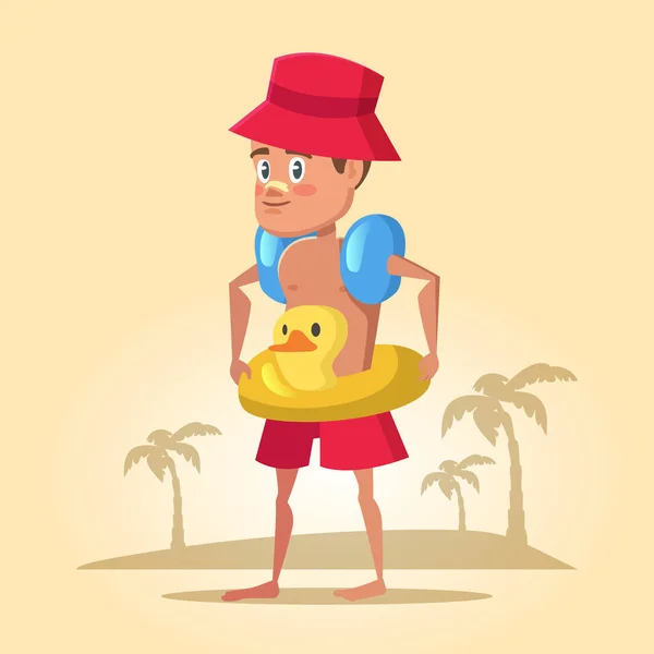 Boy with Lifebuoy on Summer Holidays. Liburan Laut. Ilustrasi kartun vektor - Stok Vektor