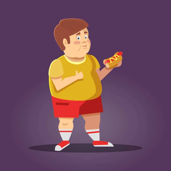 Dicker Junge mit Fast Food. Ungesunde Ernährung. Vektor Cartoon Illustration — Stockvektor