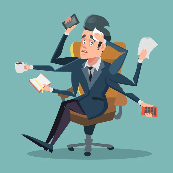 Geschokt Multitasking zakenman op kantoor werken. Vectorillustratie cartoon — Stockvector