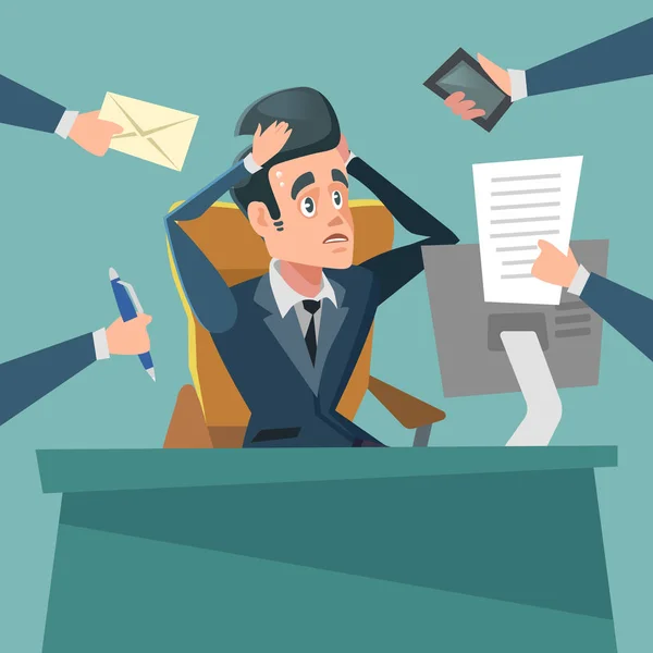 Empresário Multitasking Chocado. Stress no trabalho. Ilustração dos desenhos animados vetoriais — Vetor de Stock