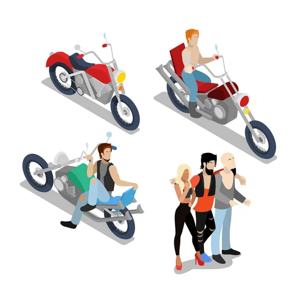 Des motards avec des motocyclettes. Cavaliers de moto. Illustration isométrique 3D vectorielle plate — Image vectorielle