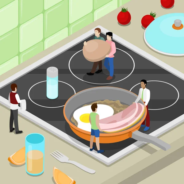 Pessoas em miniatura cozinhando café da manhã na cozinha. Vector plana ilustração isométrica 3d — Vetor de Stock