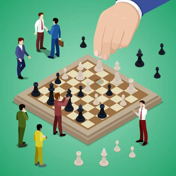 Gente de negocios en miniatura jugando al ajedrez. Ilustración isométrica plana vectorial 3d — Archivo Imágenes Vectoriales