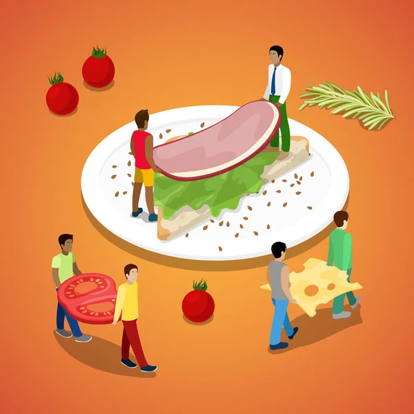 Miniature People Making Sandwich with Ham and Cheese. Healthy Food. Vector flat 3d isometric illustration — Stock Vector