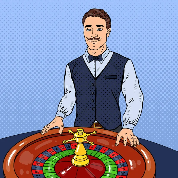 Croupier Detrás de la ruleta. Casino Gambling. Pop Art Vector ilustración — Archivo Imágenes Vectoriales