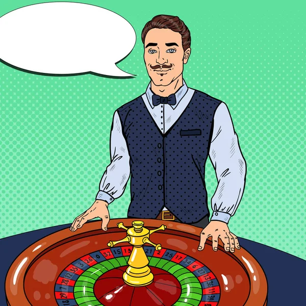 Croupier Atrás da mesa de roleta. Casino Gambling. Pop Art Vector ilustração —  Vetores de Stock