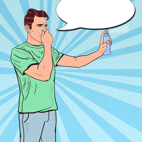 Pop Art Man Spraying Can of Air Freshener. Ilustración vectorial — Archivo Imágenes Vectoriales