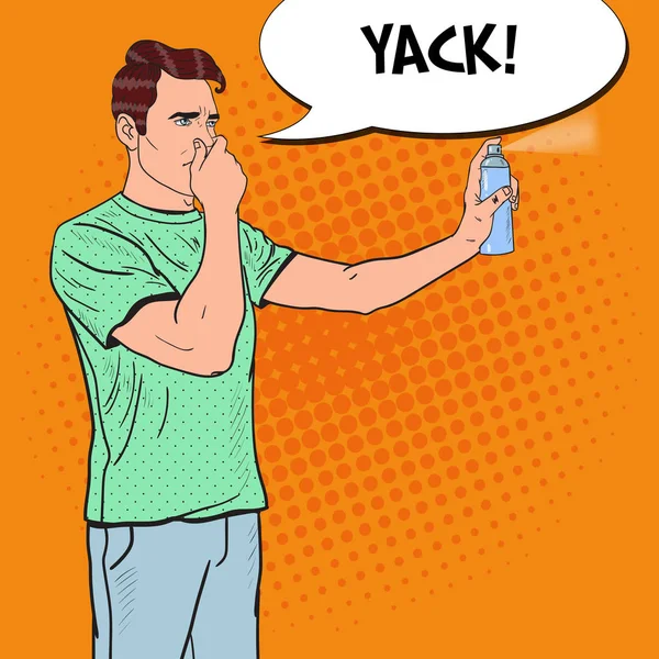 Pop Art Man Spraying Can of Air Freshener. Ilustrasi vektor - Stok Vektor