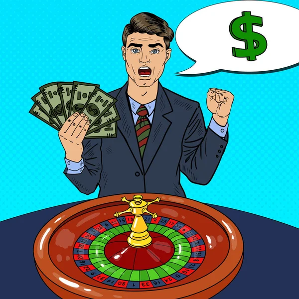Happy Man Derrière la table de roulette Célébrant Big Win. Casino Gambling. Illustration rétro Pop Art Vector — Image vectorielle
