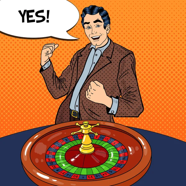 Boldog ember mögött rulettasztal ünnepli a nagy győzelem. Kaszinó szerencsejáték. Retro Pop Art vektor-illusztráció — Stock Vector