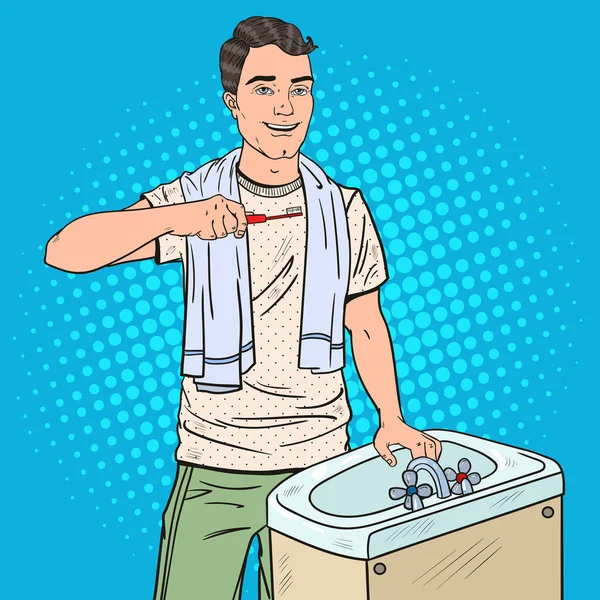 Pop Art lächelnder Mann beim Zähneputzen im Badezimmer. Zahnhygiene. Vektorillustration — Stockvektor