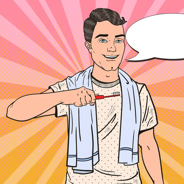 Popart gelukkig Man met tandenborstel. Mondhygiëne. Vectorillustratie — Stockvector